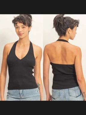 Double Zero Black Relaxed Ribbed Halter Top Sz Medium NWOT